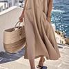 Women Summer Long Dress Tie Neck Short Sleeve Flowy Beach Sundress Casual Loose Vacation Long Dress with Pockets