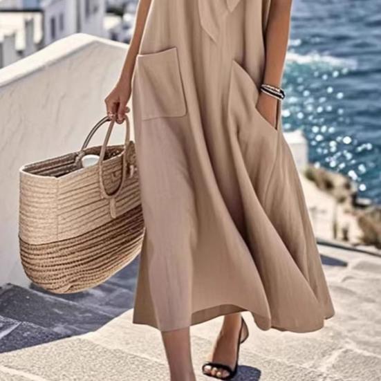 Women Summer Long Dress Tie Neck Short Sleeve Flowy Beach Sundress Casual Loose Vacation Long Dress with Pockets