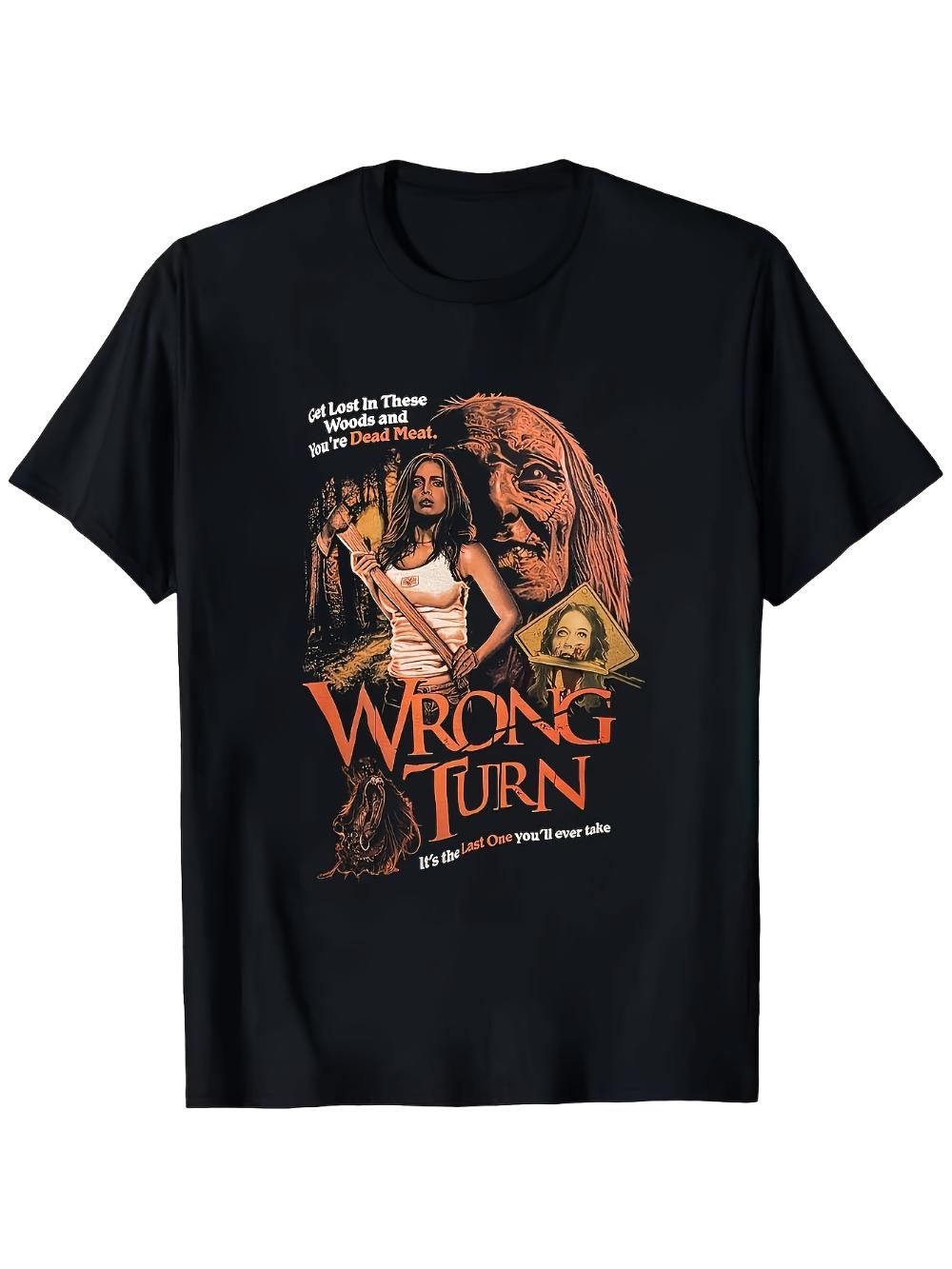 

Wrong Turn Horror Movie Themed Print T-Shirt - Heavyweight Cotton Loose Fit Short Sleeve Shirt with Chainsaw and Mask Patte... S разноцветный