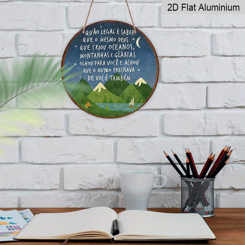 2D Flat, 1pc 7.87x7.87 Inch Round Portuguese Aluminum Sign - "God Created" Inspirational Quote, Vintage Decorative Sign with Serene Landscape Design