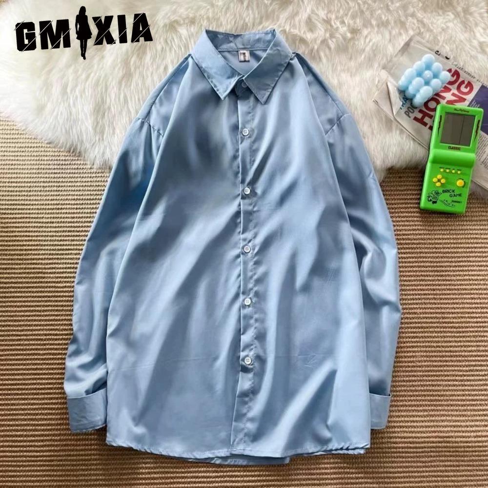 

GMXIA Жіночі модні повсякденні одноколірні блузки та сорочки з довгими рукавами та вирізом з горловиною L світло-синій колір