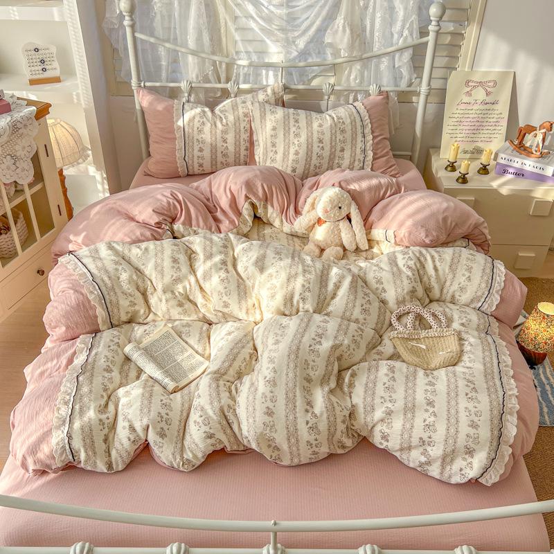 Korean Style Lace Skin-Friendly Double Layer Gauze Printed Bedding Set - Three or Four Pieces
