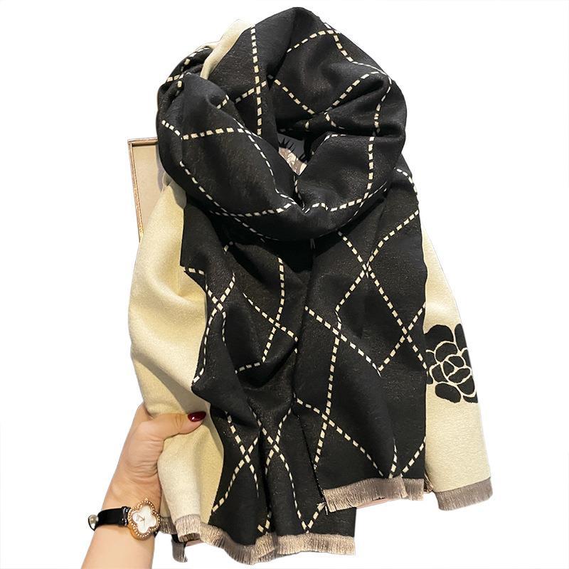 High End Small Fragrance Camellia Imitation Cashmere Scarf Dual Use Winter New Thickened Cold Proof Warm Scarf