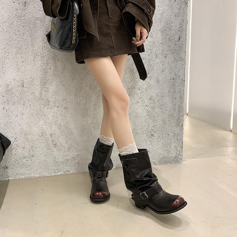 Autumn Winter Thick Heel Women Western Cowboy Boots Fashion Belt Buckle Slip on Shoes Ladies Vintage Pleated Short Booties