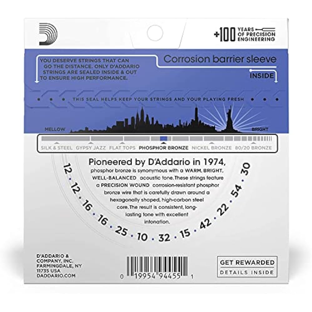 D'Addario Daddario Acoustic Guitar Strings Phosphor Bronze .012-.054 12 Strings Medium Top/Heavy ...