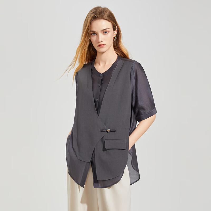 

Women s Faux Two-Piece Spliced Short Sleeve Blazer Top S