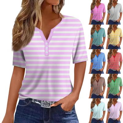 Women's Fashion Casual Solid Color Striped Printed V-Neck Short Sleeve Decorative Button T-Shirt Top
