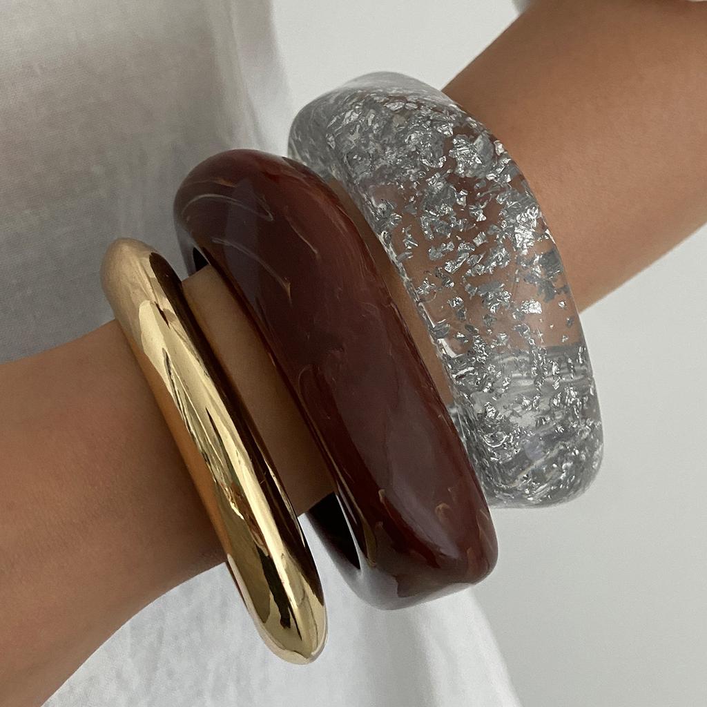 Fashion Transparent Gold Foil Irregular Resin Bracelet, Wind Metal Smooth Resin Wide Bracelet Women