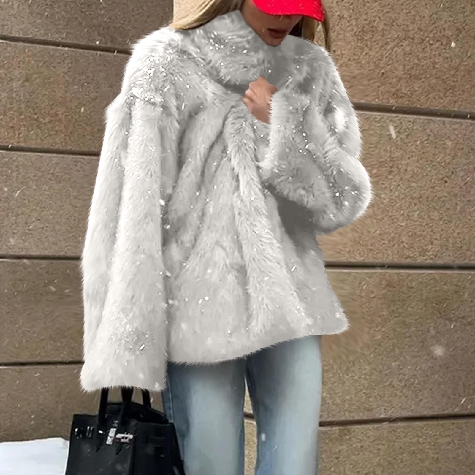 

Women s Fashionable Warm Long Sleeve Solid Color Furry Collar Coat M