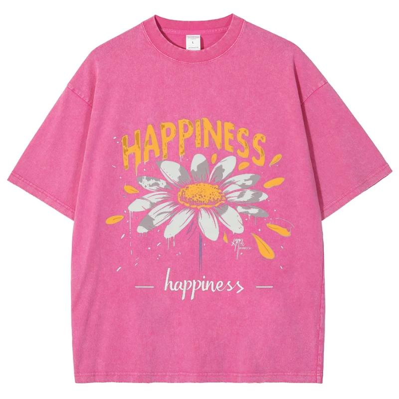 Yellow Cartoon Little Daisy Print Ladies T-Shirt Loose Wash Oversized Short Sleeve American Vintage Street Top Casual Tee