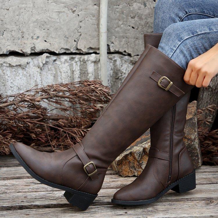 Fashion Woman Thick Heeled Long Boots Autumn Winter Pu Leather Mid Calf Boots Woman 2025 Buckle Strap Side Zipper Motorcycle Boots
