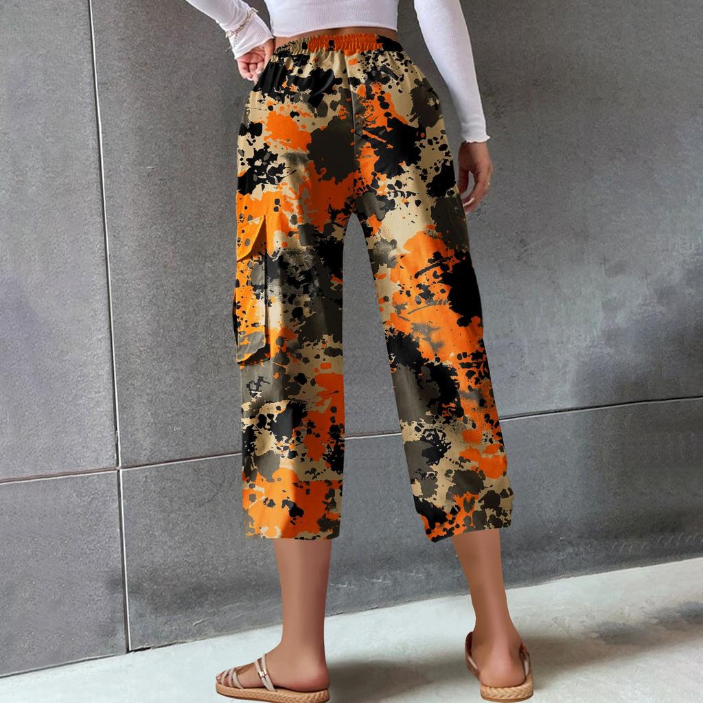 Ladies' Casual Work Pants With Elastic Waistband And Camouflage Printed Cropped Pants