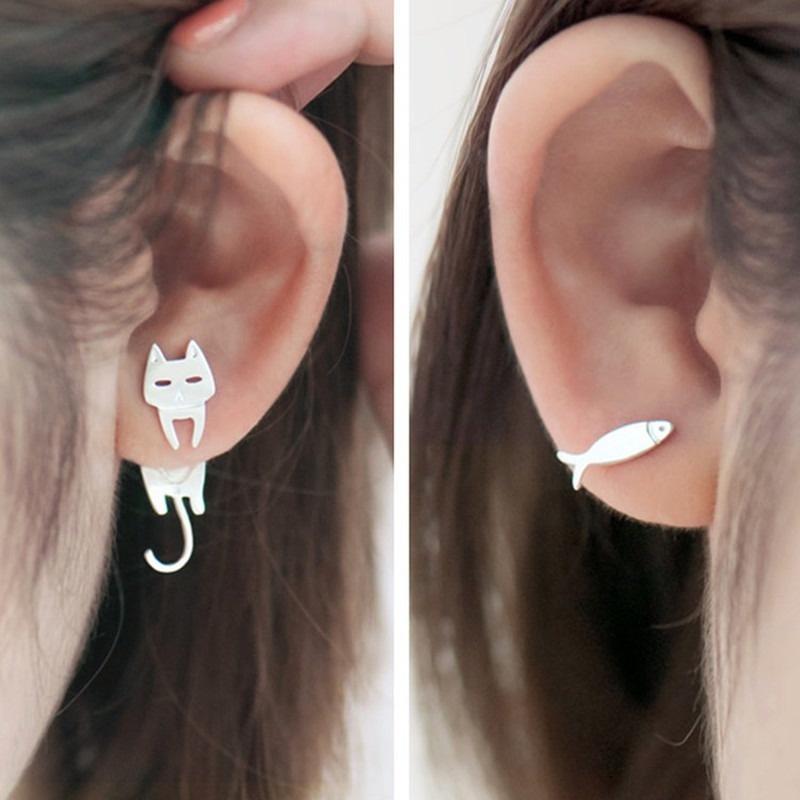 1 Pair Cut Cat Fish Stud Earrings Sweet Little Fish Cat Studs for Women Gift Silver Studs Earrings