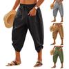 Men Cropped Pants Elastic Waist Solid Color Drawstring Soft Breathable Casual Patch Pockets Mid-calf Length Beach Trousers