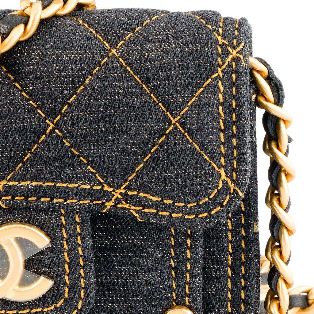 Chanel 23s Double You Diamond-Pattern Leather Chain Denim Single-Shoulder Messenger Bag Mini Women'S Black