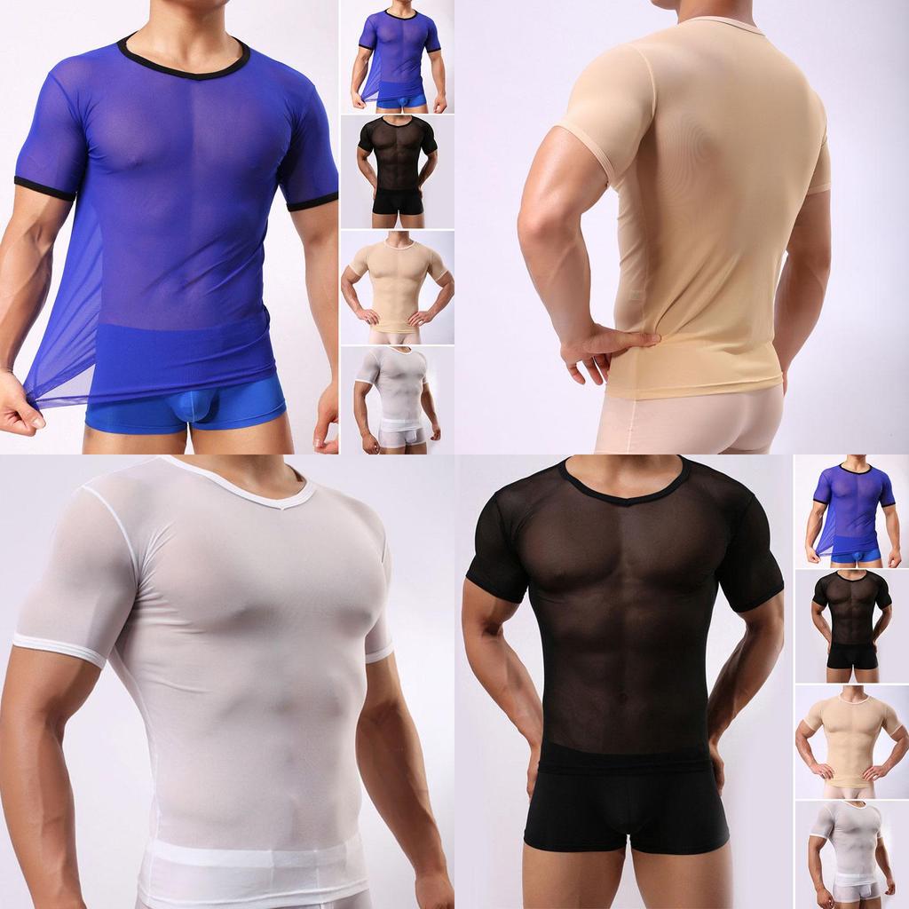 Men's Slim Fit Sexy Mesh Sheer Short Sleeve Gym Tops Chic And Stylish T-shirt