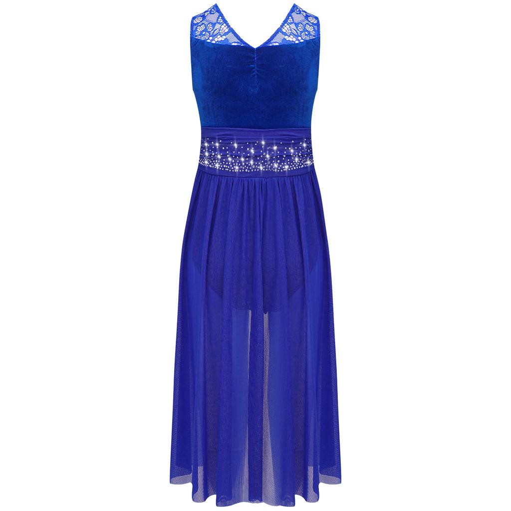 Lyrisches Tanzkleid für Mädchen: Funkelnde Strasssteine auf Spitzen-Patchwork & Raffinierte Netz-Überlagerung mit elegantem asymmetrischem Saum