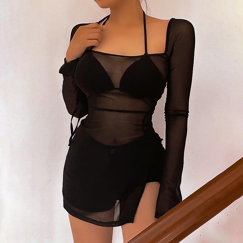 Square Collar Solid Mini Dress For Women Y2k Clothes Gauze Sexi Night Dress Hot Club Outfits Sheer Vestidos De Mujer Long Sleeve