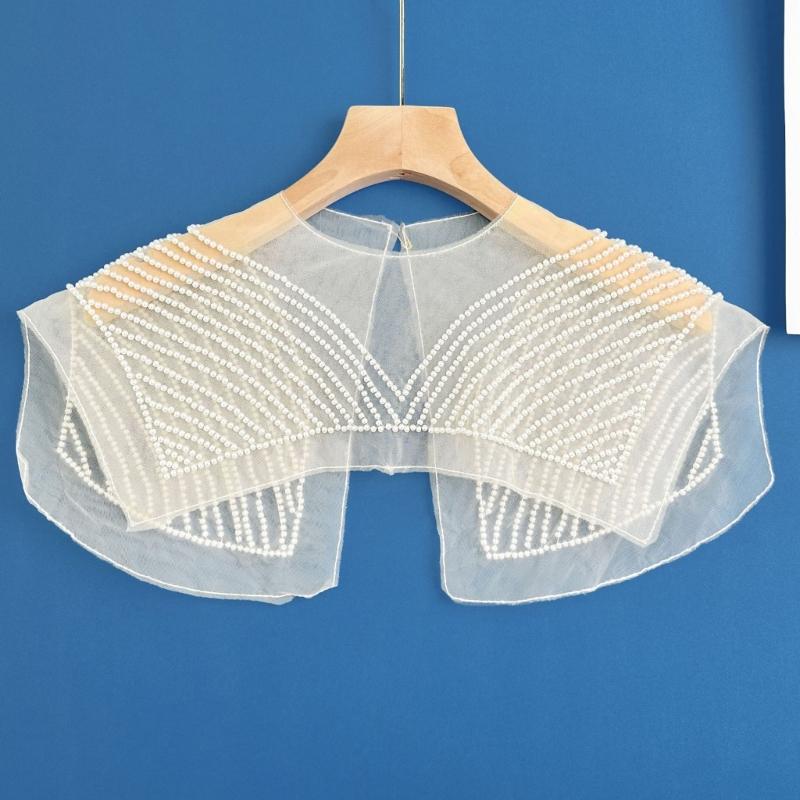 Japanese Women Girl Fake Collar Shawl Scarf Faux Pearls Beading Vintage Shoulder Wrap Sheer Organza Half Shirt Poncho