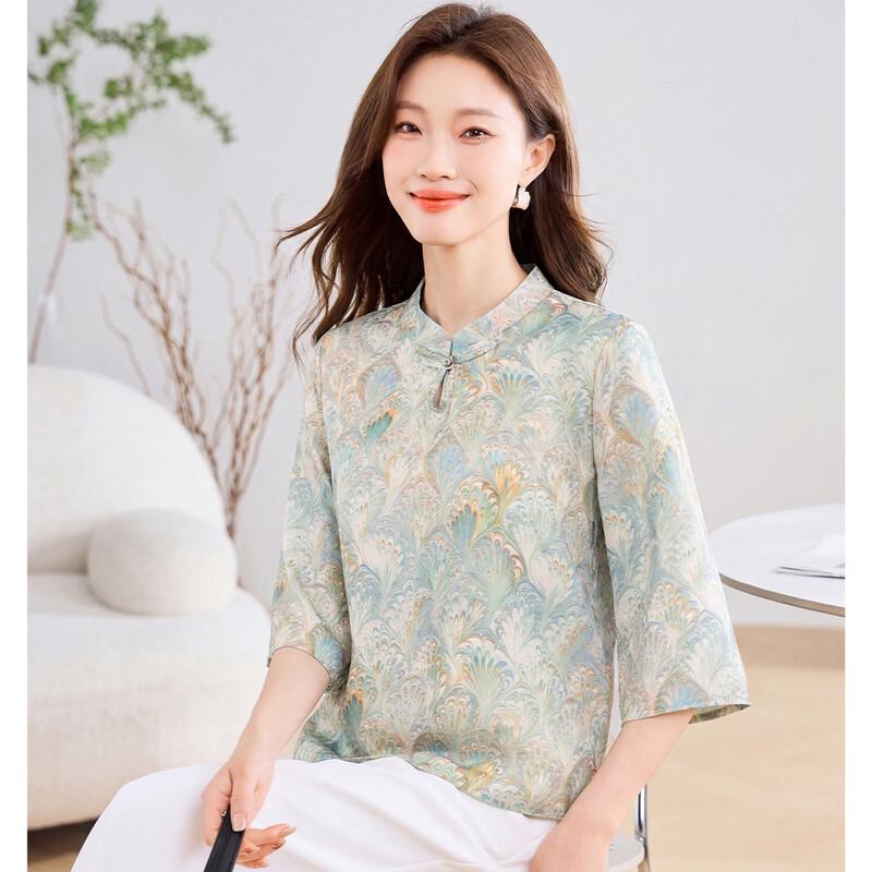 ORIGIN Women s Chinese Style Printed Stand Collar Mid-Sleeve Shirt XL