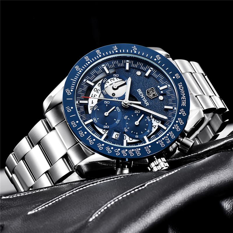 BENYAR Sport Watch Men Top Brand Luxury Blue Quartz Male Chronograph Clock Military Waterproof Stainless Steel Wristwatch 5120