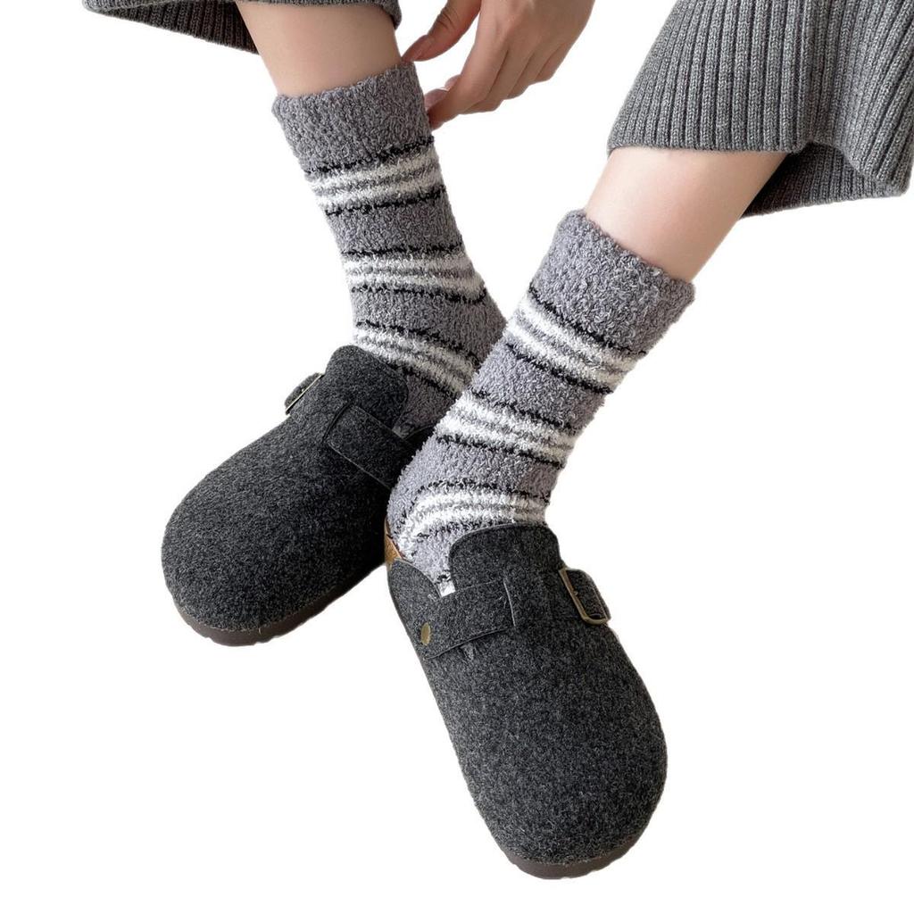 Non-Shedding Ladies Coral Fleece Striped Sleep Socks - Soft Home Slipper Socks