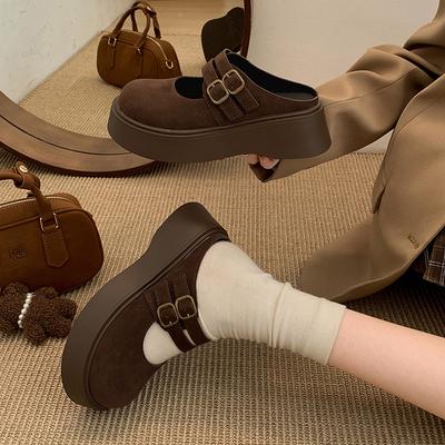 Versatile and Lightweight Retro Thick-bottomed Bag Head Slippers for Women's 2025 New Autumn and Winter Outer Wear To Increase the Height of Mary Jane