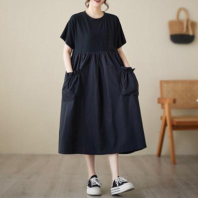 Short Sleeve Plus Size Black Cotton Vintage  New In Dresses for Women Casual Loose  Long Summer Dress