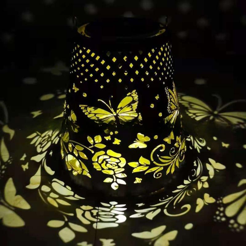 Solar Butterfly Cone Lantern Light - Hollow-Carved Metal Shadow Lamp, Waterproof Hanging Decor for Garden, Patio & Porch