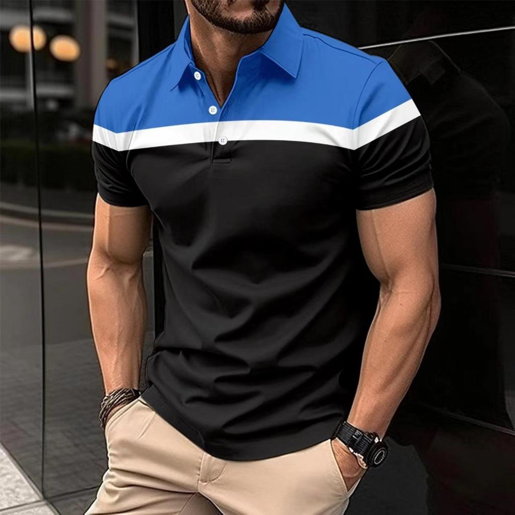Fashion Men's Casual POLO Shirt Lapel Button Down Business Stripe Colour Block T-Shirt Tops