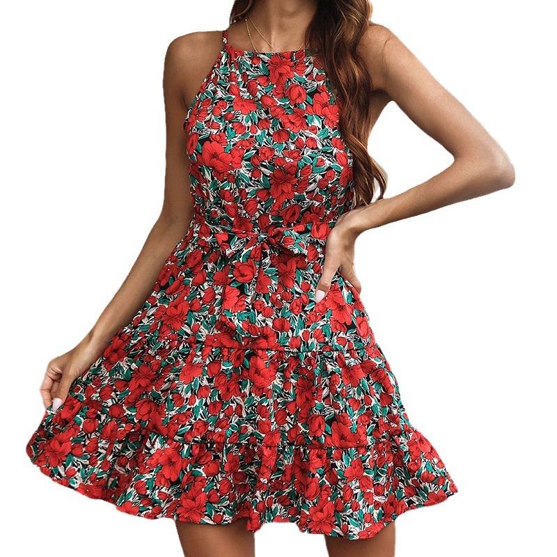 European and American Women's Clothing Spring and Summer Casual Fashion British Style Pendulum Floral Dress Vacation Dress