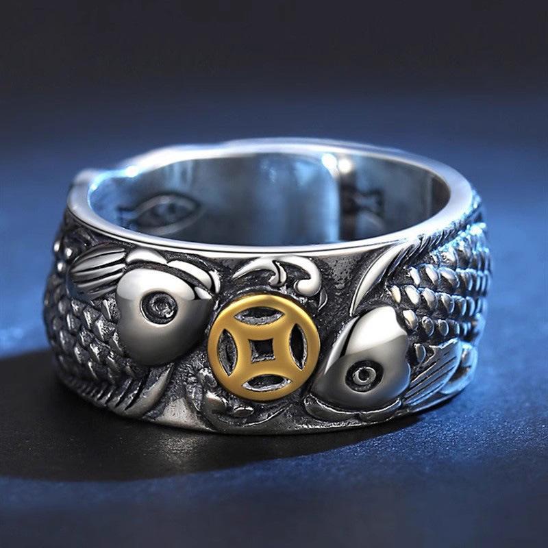 Men s Retro Double Fish Wide Band Ring - Copper & Imitation Thai Silver Carp Design Adjustable Open