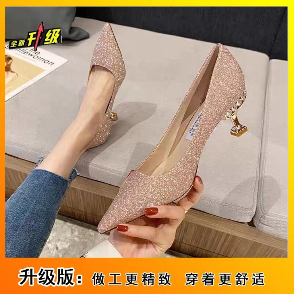 

Свадебные туфли цвета шампанского 2025 года, весна и осень, новые свадебные туфли невесты, платье подружки невесты, туфли на высоком каблуке, туфли-стилеты с кристаллами для актрисы 40