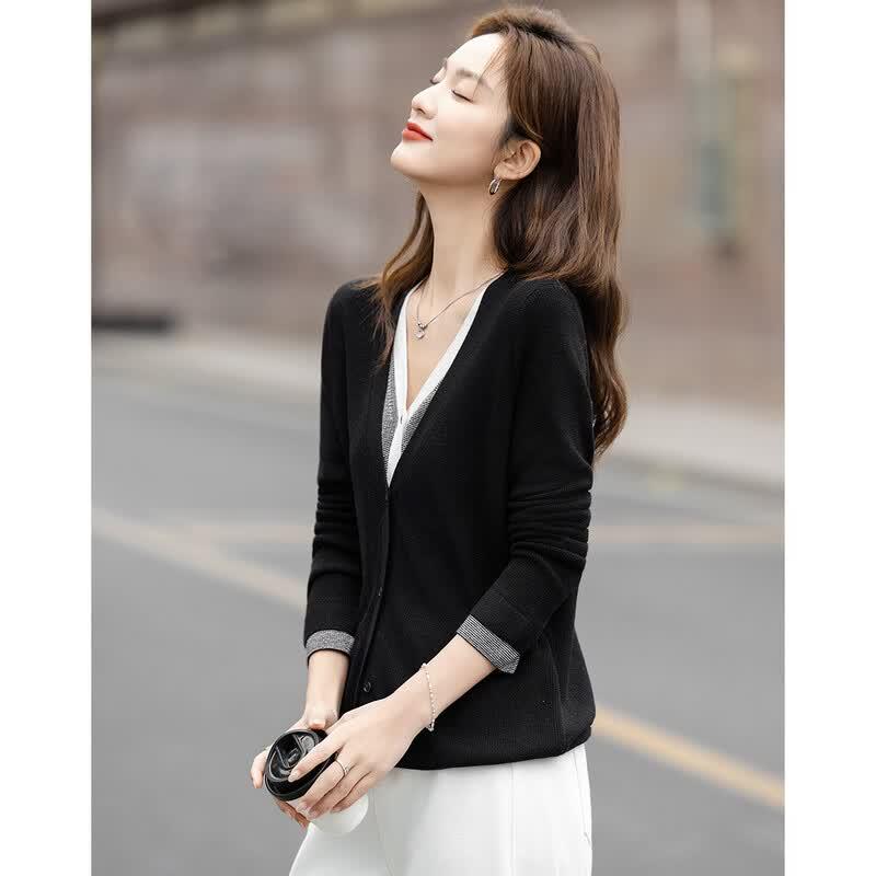 Women's Merino Wool Silk Blend Faux Two-Piece Knit Cardigan