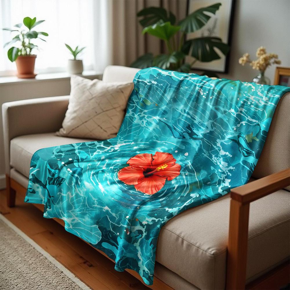 Turquoise Hibiscus Water Ring Soft Flannel Blanket Breathable Warm Throw for Office Car Sofa Kids Room Birthday Xmas Gift