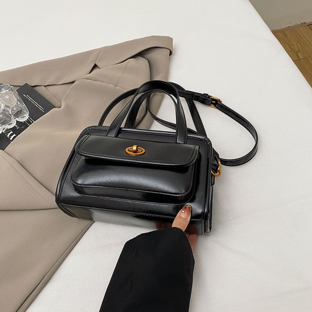 Solid Color Pocket Boston Tote Bag Korean Style Underarm Bag Mini PU Bowling Bag  Girls