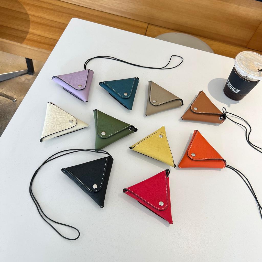 The First Layer Of Cowhide Fashionable Neck Red Envelope Earphone Bag Exquisite Mini Triangular Change Bag Versatile Beautiful Small Waste Bag