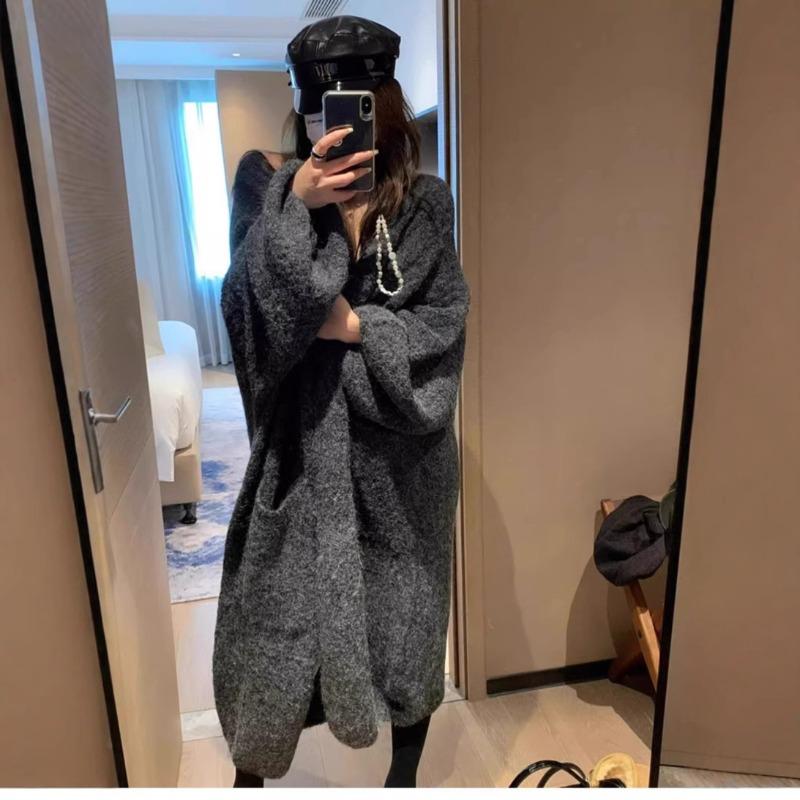 Soft waxy high-end lazy wind medium and long knitted cardigan women's autumn and winter thickened loose sweater jacket coat
