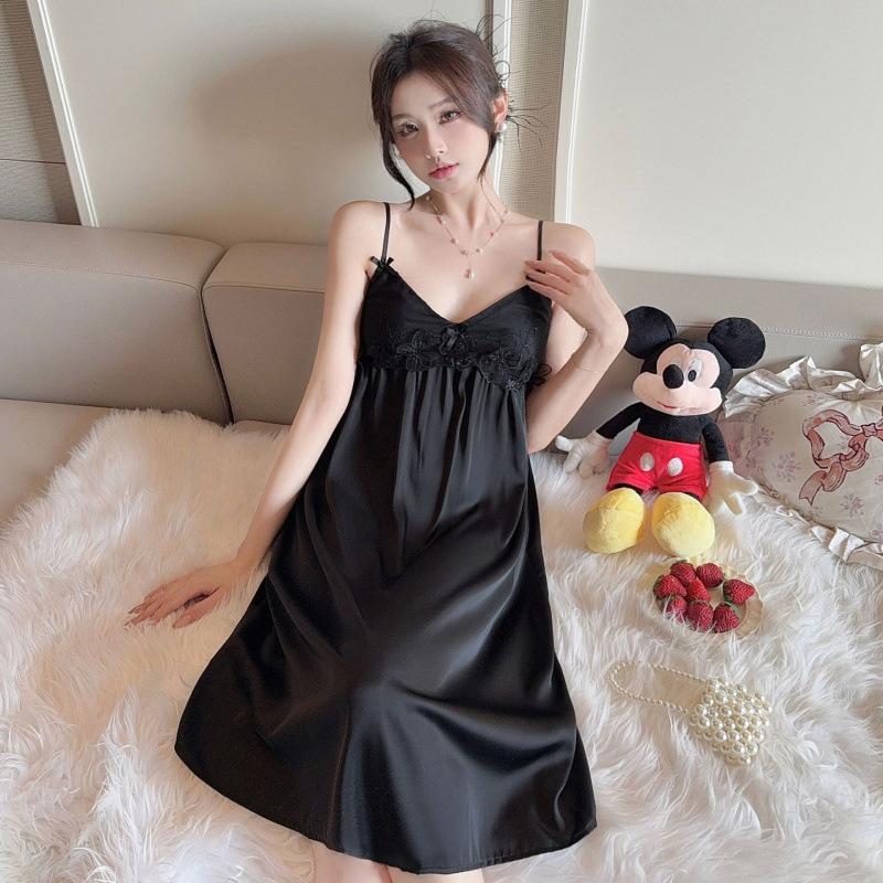 French romantic lace nightdress suspender sexy ice silk pajamas women's summer 1011 new pure backless loungewear