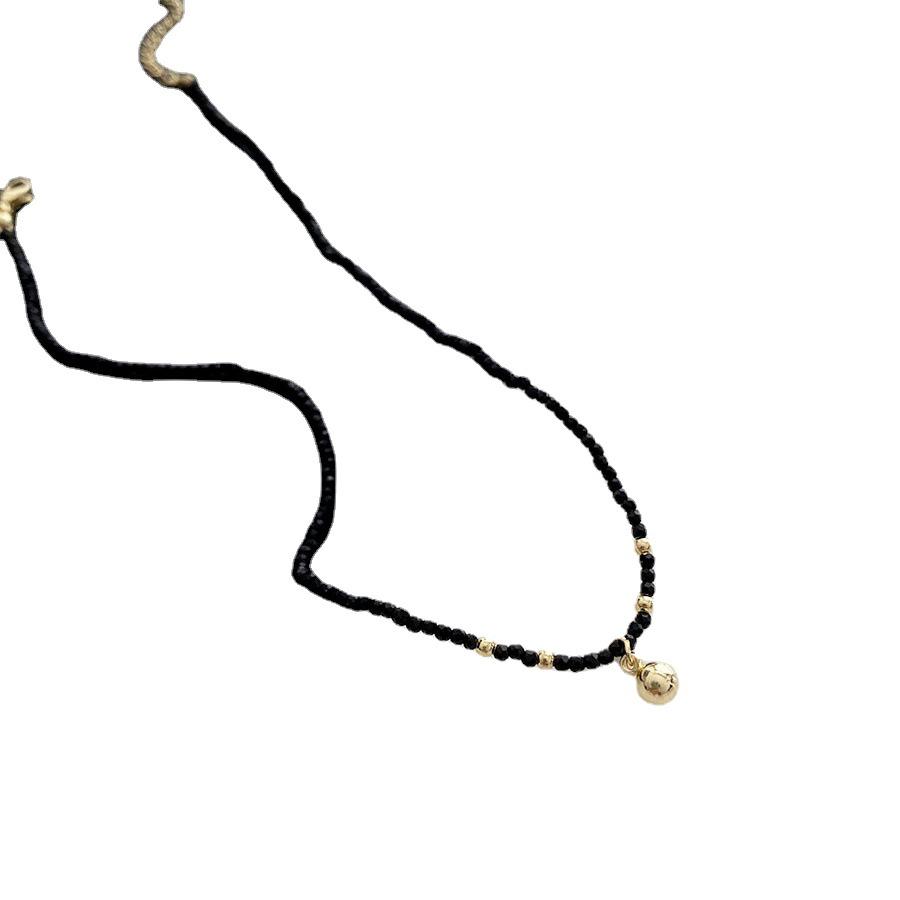Women's Black Crystal Round Pendant Necklace - Simple Clavicle Chain for Summer