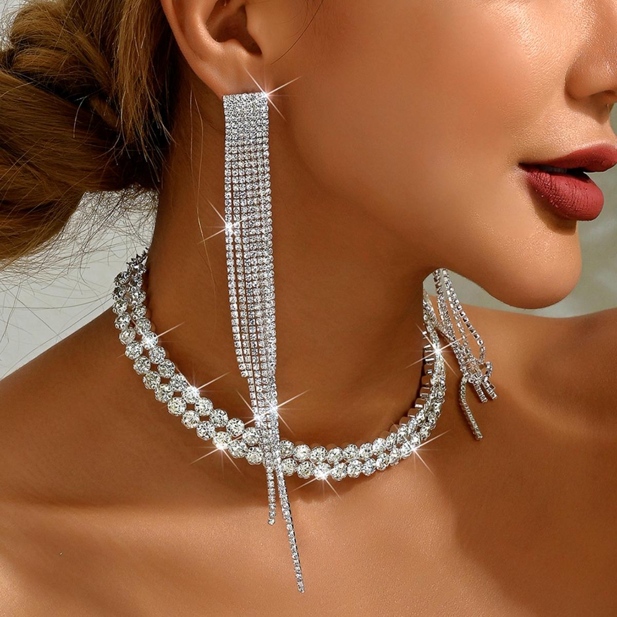 

Комплект из 3 женских серег-кисточек и двухрядного ожерелья для свадеб, банкетов, вечеринок и подарков на праздники Silver