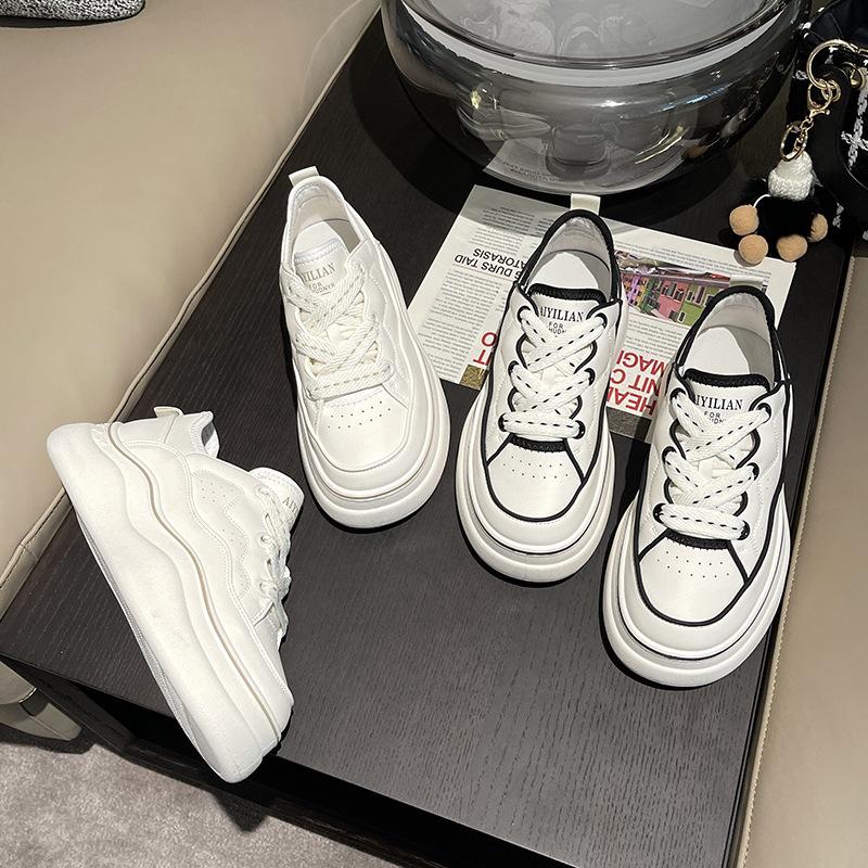 Pantofi albi cu talpă groasă în stil european, pantofi sport casual simpli și ușori din piele moale reală, noi de primăvară, versatili