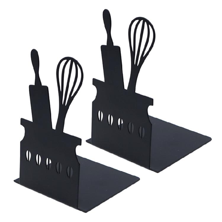 

2Pcs Black Metal Bookends Kitchenware Themed Book Stoppers Heavy Duty Desk Book Organiser For Office Home Library School