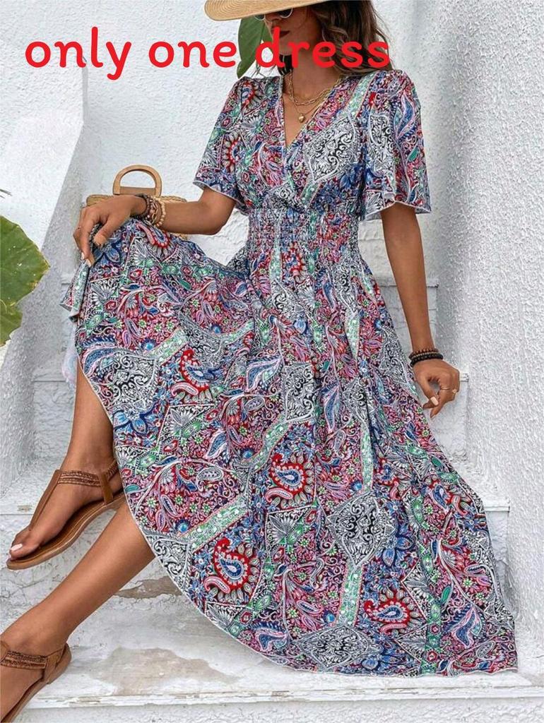 Abito Lungo Floreale Bohemien a Vita Alta per Vacanze e Uso Casual
