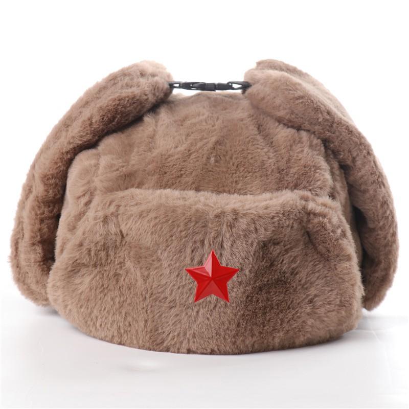 Warm Winter Military Style Earflap Hat Men Women With Embroidered Soviet Emblem Faux Fur Lined Outdoor Cap