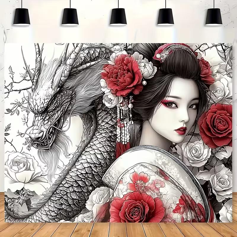 2D Oriental Geisha & Dragon Tapestry Red Floral Japanese Wall Art Decor