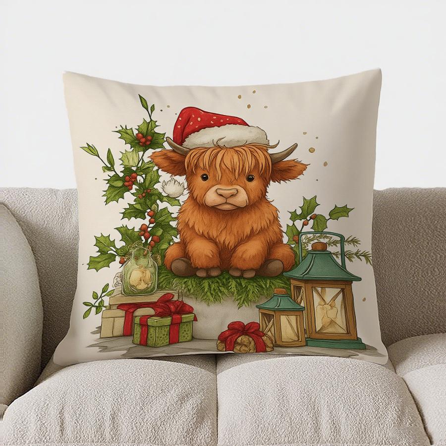 Home Decor Festive Highland Cow Christmas Pillow Cover Pattern Cushion Cover Suitable For Sofa Bedroom Car Pillow Cover