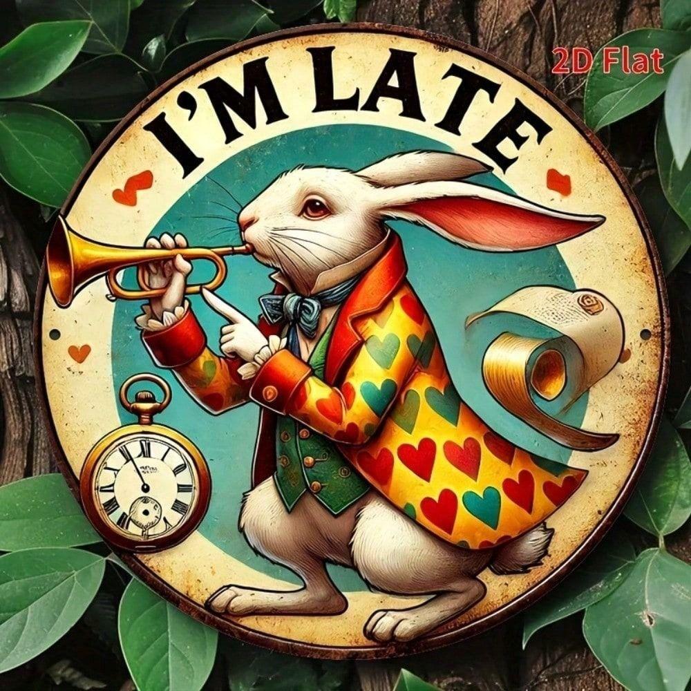 Vintage Metal Wall Art White Rabbit Clock Decor for Cafe