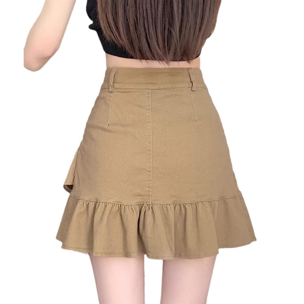 Damen Schwarzer High Waist A-Linien Midi-Rock mit Rüsche - Frühling/Sommer Schlankmachendes und Anti-Expositions-Design