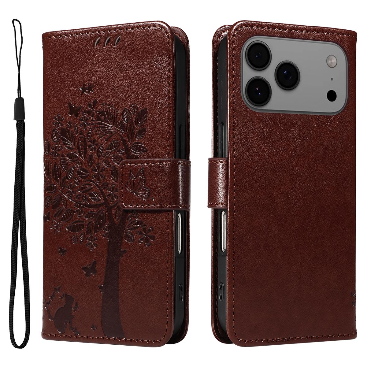 

For iPhone 17 Pro Max Phone Case with Stand Cat Tree Pattern Leather Wallet Mobile Cover Coffee